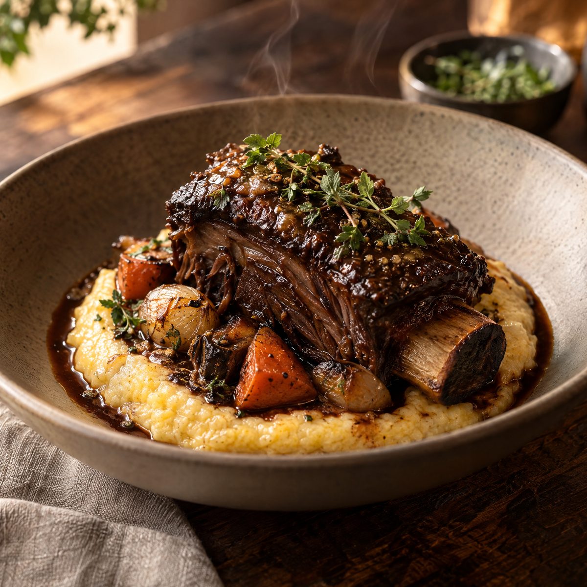 A glazed braised short rib on the bone over creamy polenta with carrots and pearl onions