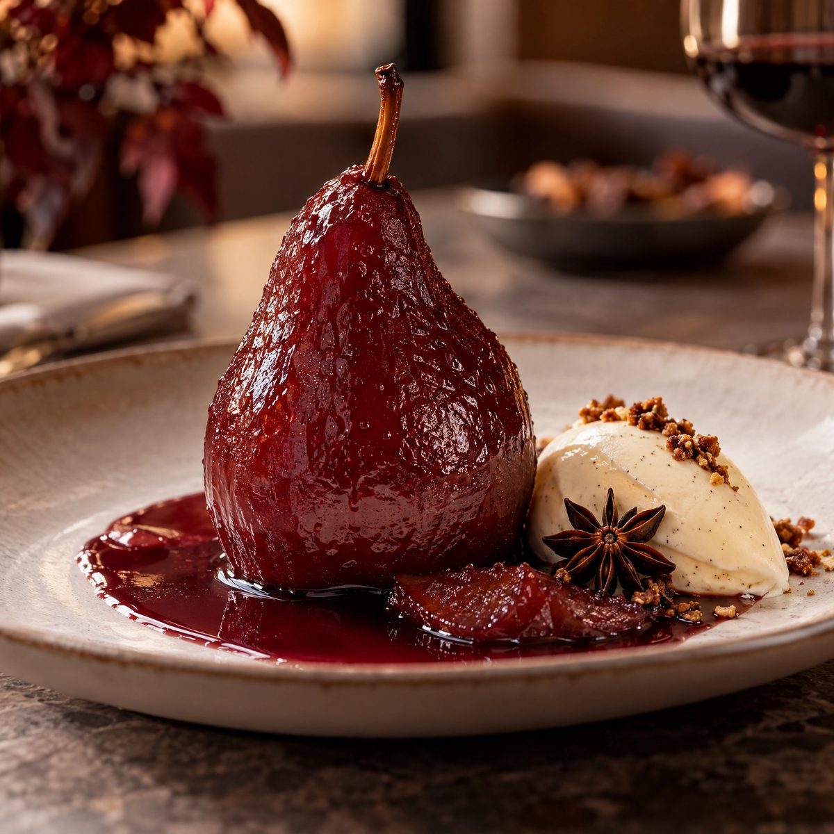 A whole pear poached deep red in spiced wine with vanilla ice cream, star anise and crumble