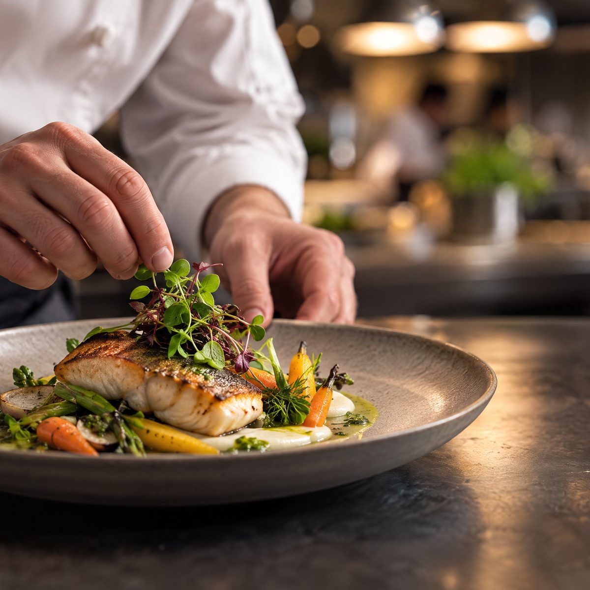A chef finishing sea bass with micro herbs on a stoneware plate