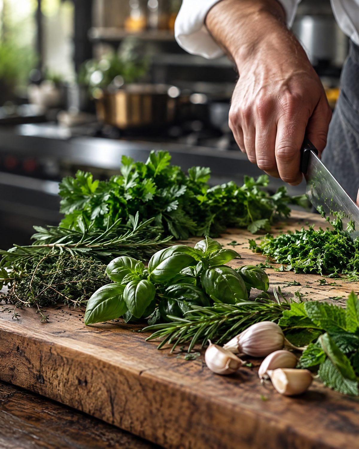 A chef chopping fresh herbs and garlic on a wooden board