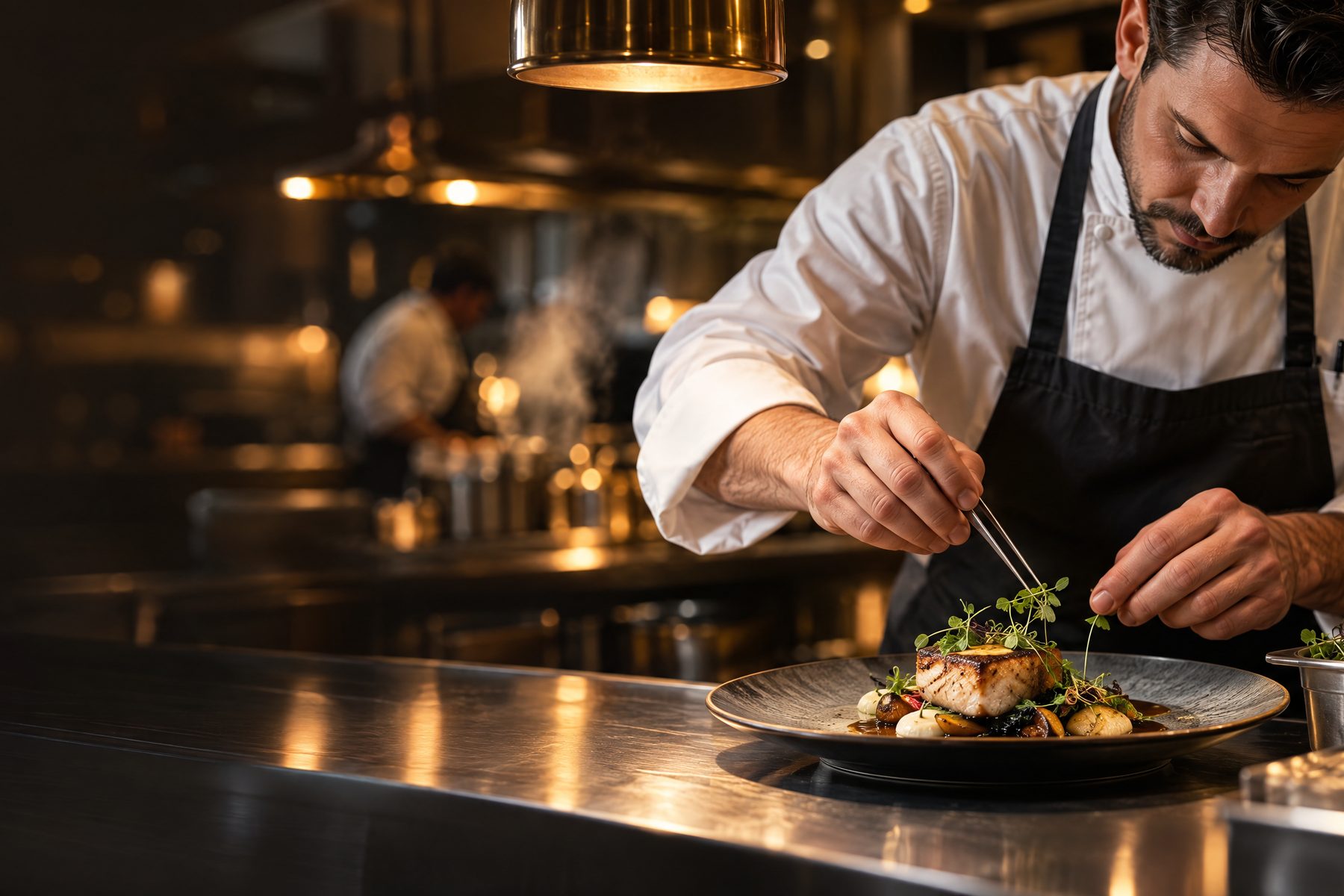 A chef finishing a plate with tweezers at the pass under warm lamps